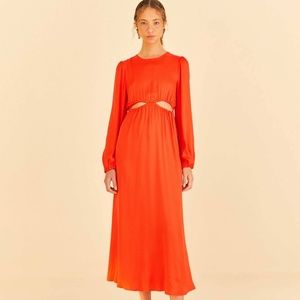 FARM Rio Red Viscose Satin Midi Dress SZ S NEW